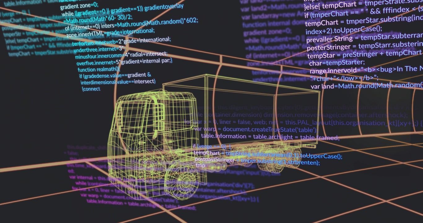 At start, code fragments scrolling around yellow wireframe truck model showing code overlay