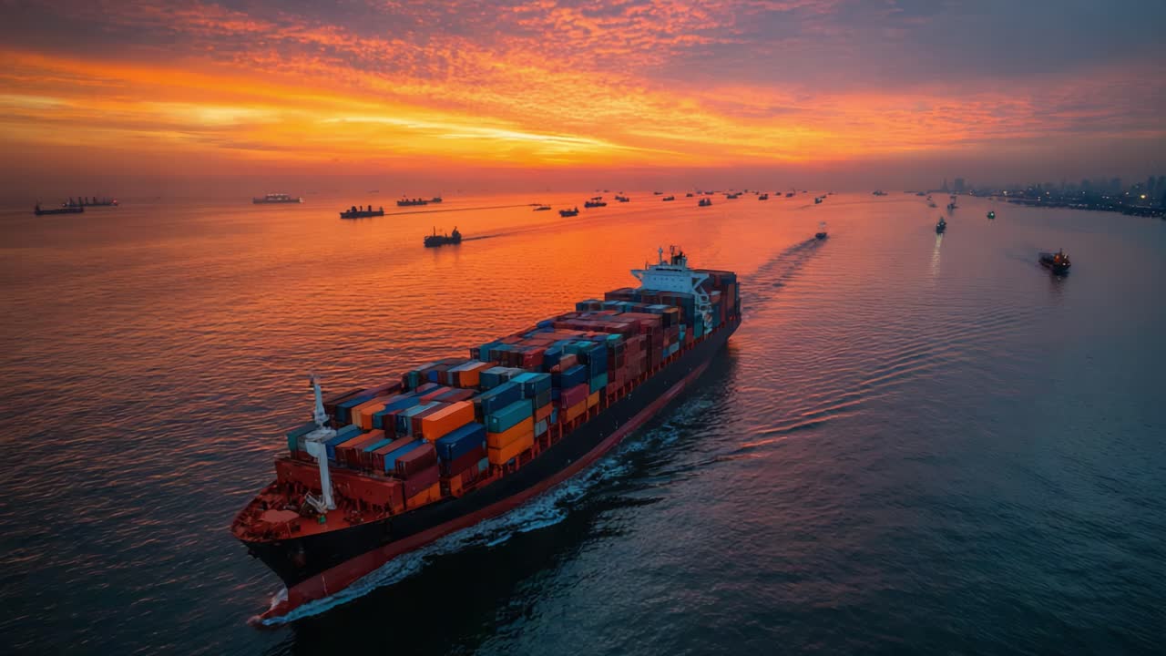 A Majestic Container Ship Navigates Through Tranquil Waters at Sunset, Surrounded by Other Vessels Against a Vivid Horizon of Colors