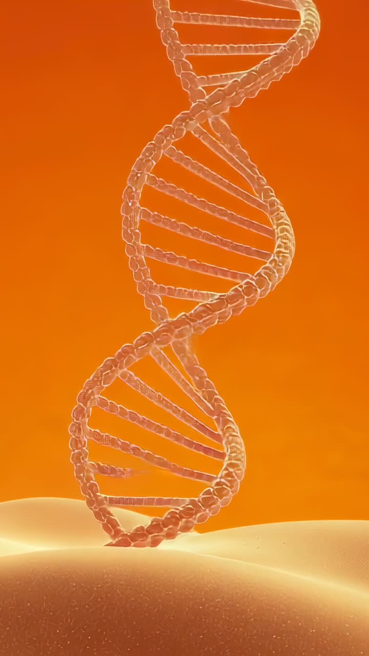 Video verticale: Elica di DNA di vetro con illuminazione cangiante che ruota, si contorce su un cumulo arancione, duna maculata.