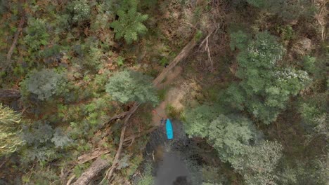 Una-Toma-Aérea-A-Vista-De-Pájaro-De-Un-Hombre-En-Un-Kayak-Azul-Acoplando-Su-Kayak-En-Un-Barranco-De-Arbustos