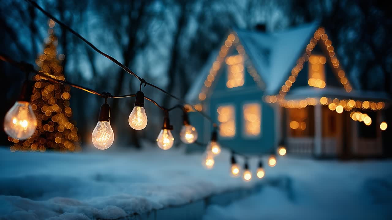 Enchanting Winter Scene with Twinkling Lights and a Cozy House Amidst Snowy Landscape, Creating a Ideal Holiday Atmosphere of Warmth and Joy