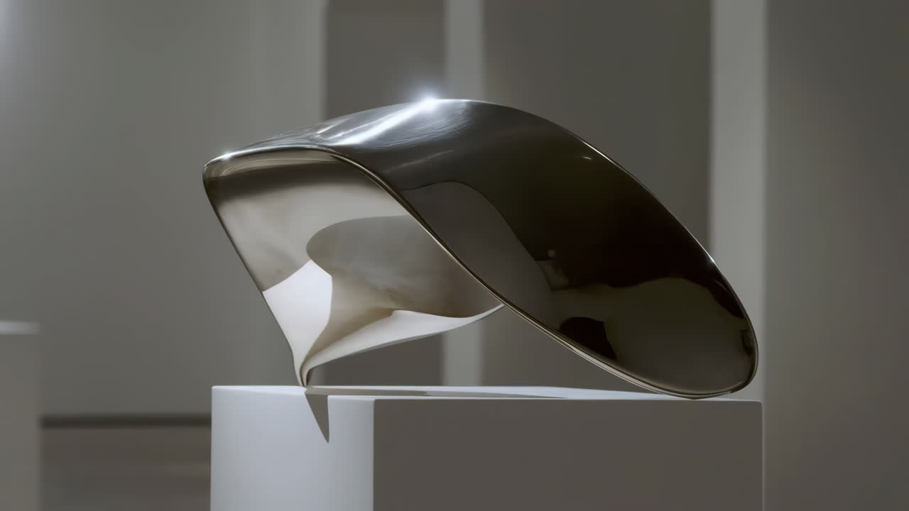A sleek, silver, abstract metallic sculpture on a white pedestal in a modern gallery setting