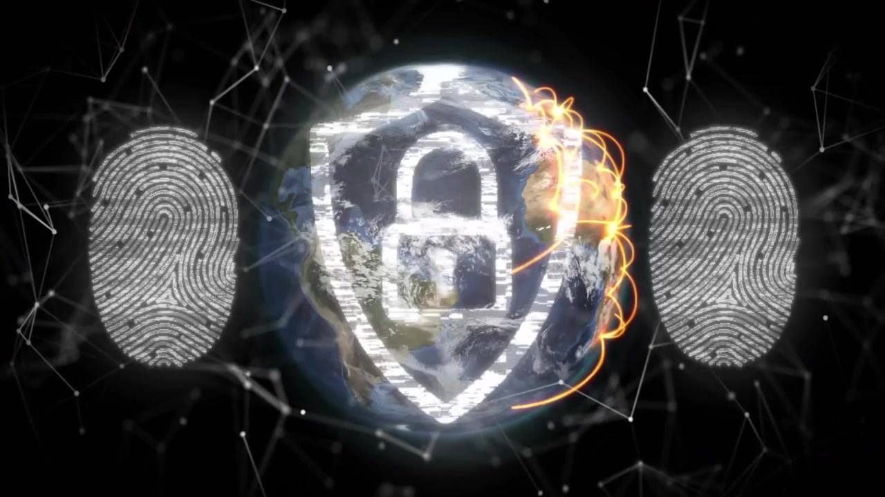 Glitches forming shield with lock over Earth orange arcs pulsing linking nodes securing data