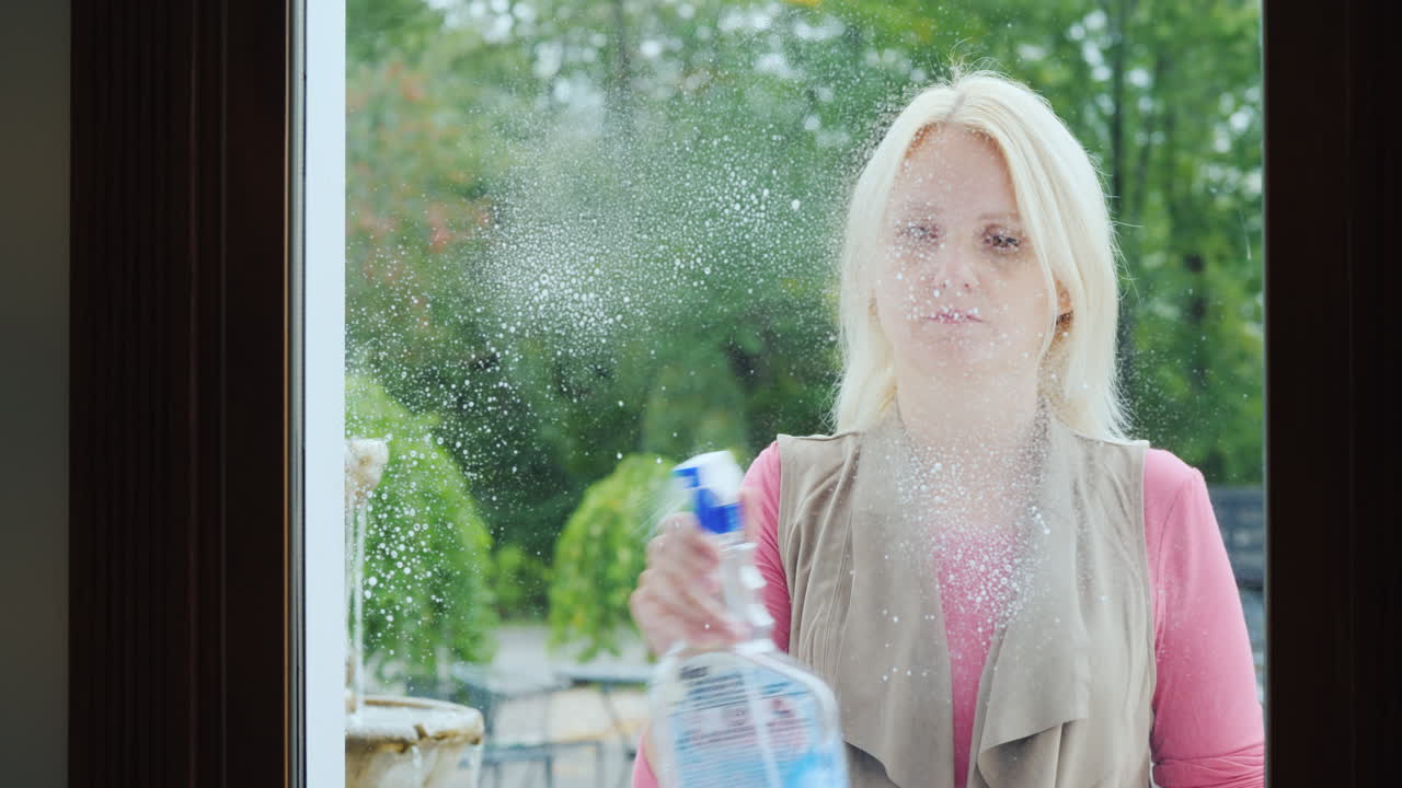 mujer limpia la ventana de la tienda usa detergente