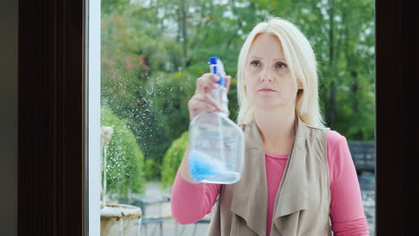 woman wipes the window in the store uses detergent