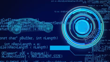 Animación-De-Escáner-Redondo-Y-Procesamiento-De-Datos-Sobre-Modelo-De-Automóvil-3d-Contra-Fondo-Azul