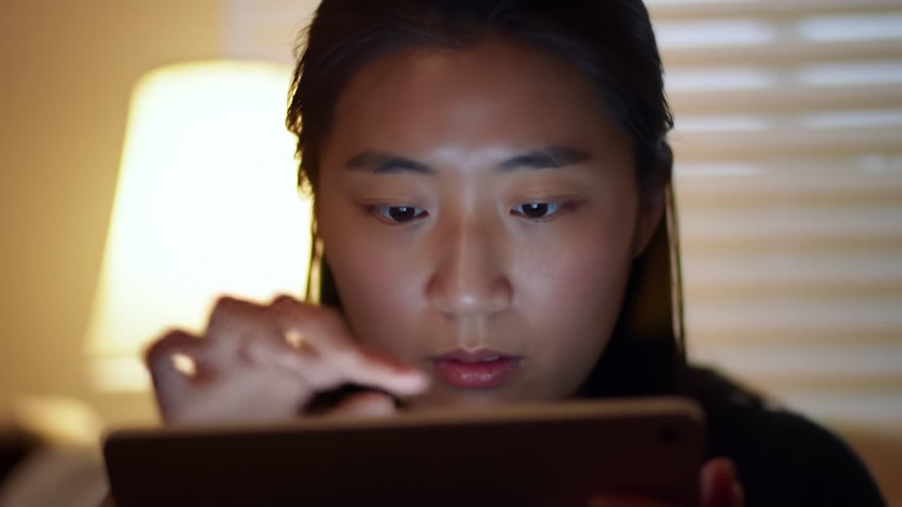 A Young Woman Engrossed in Her Device, Captured in Two Frames Illustrating Focus and Engagement in a Comfortable Indoor Setting