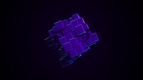 figura cubica rotante astratta. animazione. figura multicolore astratta di blocchi rettangolari ruota su sfondo nero. figura cubica luminosa di blocchi ruota e riflette i colori al neon