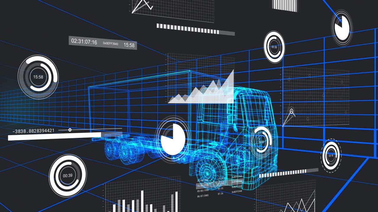 All'inizio, un camion wireframe mostra indicatori rotanti, un grafico a torta che si espande e grafici che si spostano tracciando i dati.