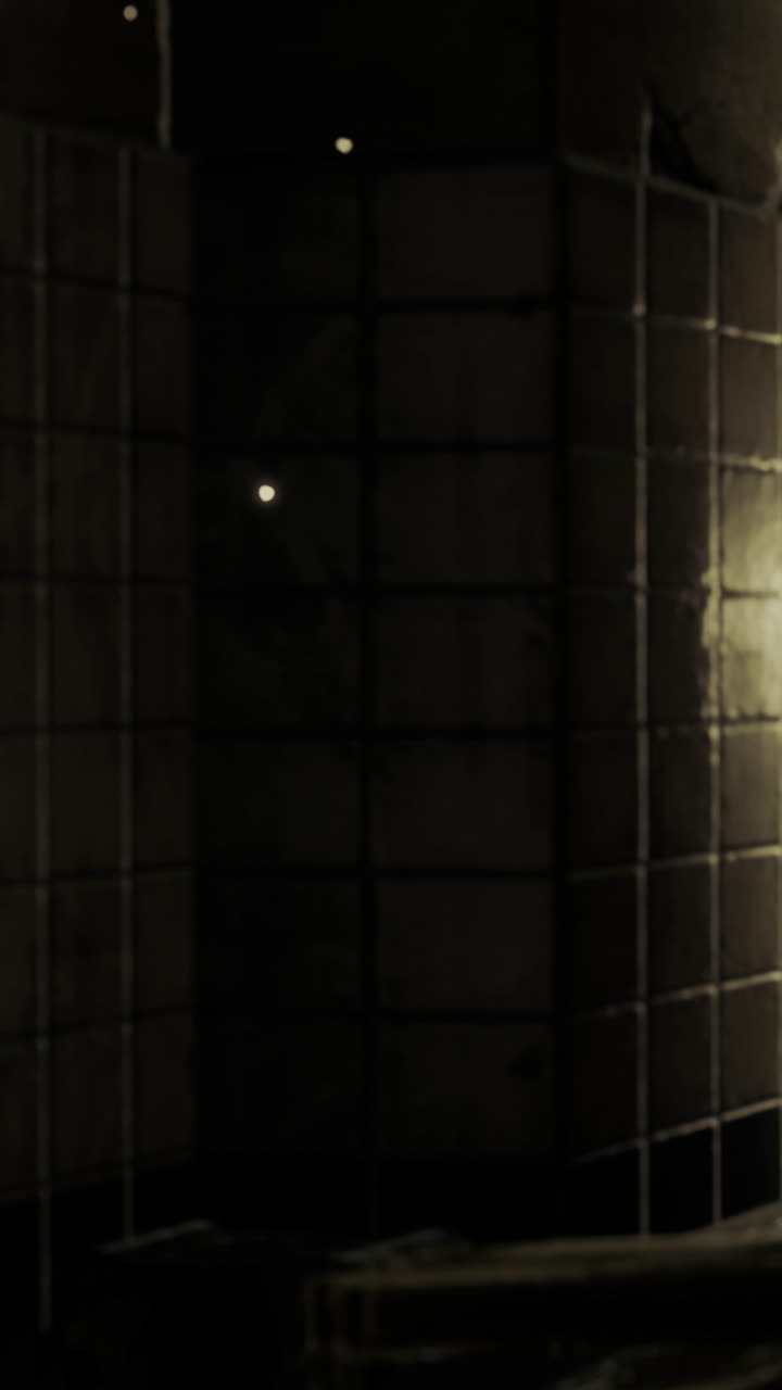 Light shines through a dark hallway in an indoor space at night time