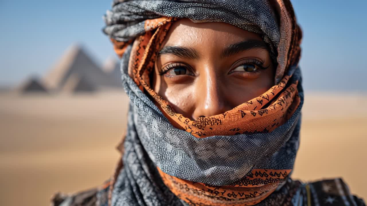 Primer plano cinematográfico de un viajero del desierto con pañuelo tradicional en la cabeza y cubierta facial, mirando a cámara con pirámides difuminadas en el fondo arenoso.