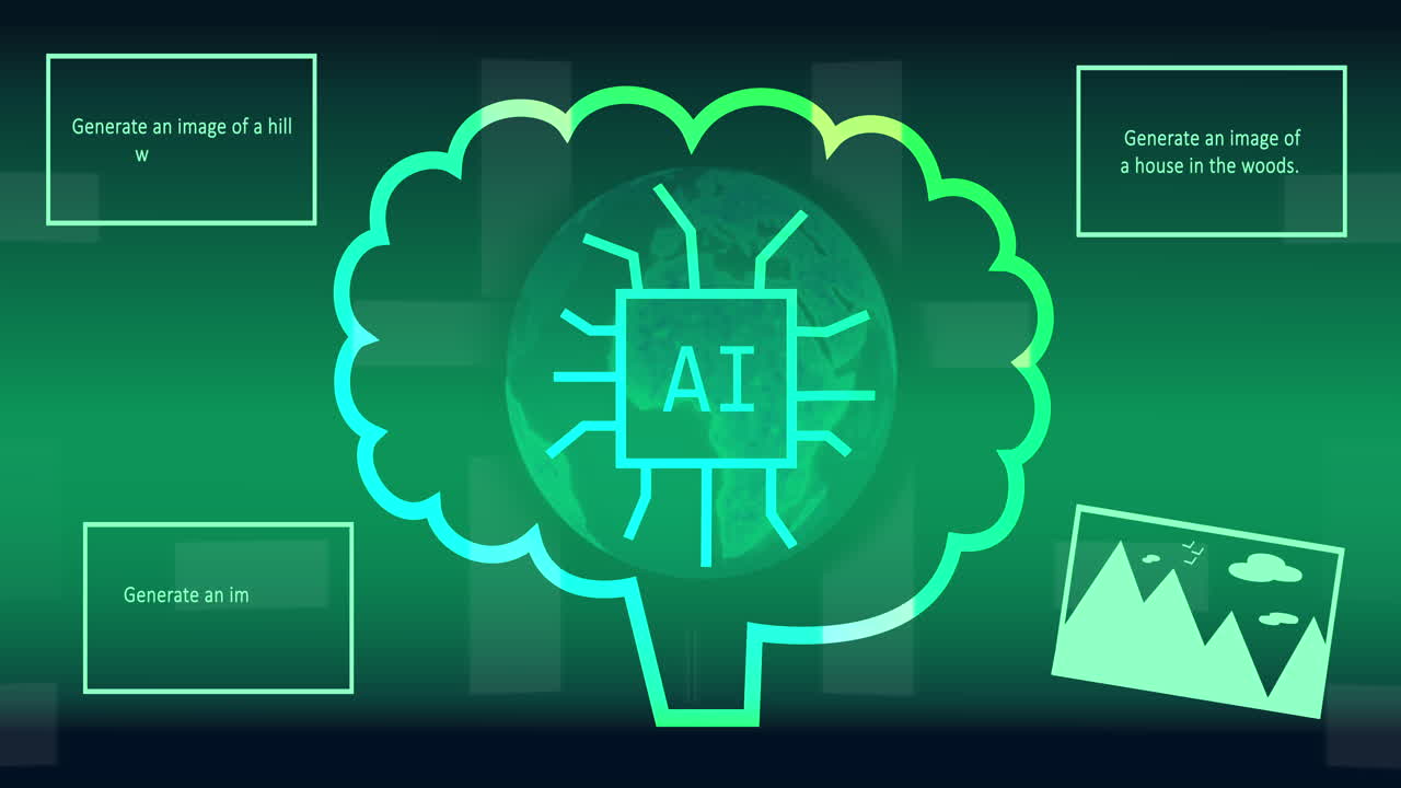 Animation of brain with globe and ai text over landscape icons on blue background