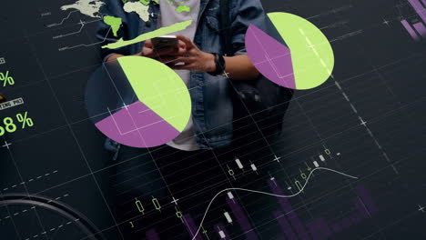 animation of statistics and data processing over man using smartphone