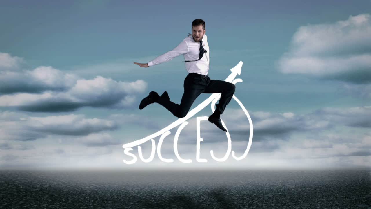 hombre de negocios guapo saltando frente al éxito gráfico