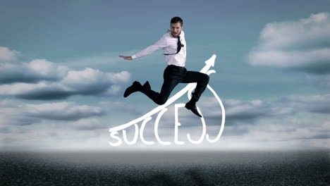 handsome businessman jumping in front of success graphic