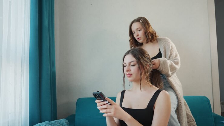 Scena preparatoria Donne bianche che si sistemano i capelli, stilista in piedi che completa un raccolto morbido, cliente seduta che controlla il telefono, divano color teal e fondale con tenda, luce naturale soffusa, atmosfera elegante e casual, carica di aspettative