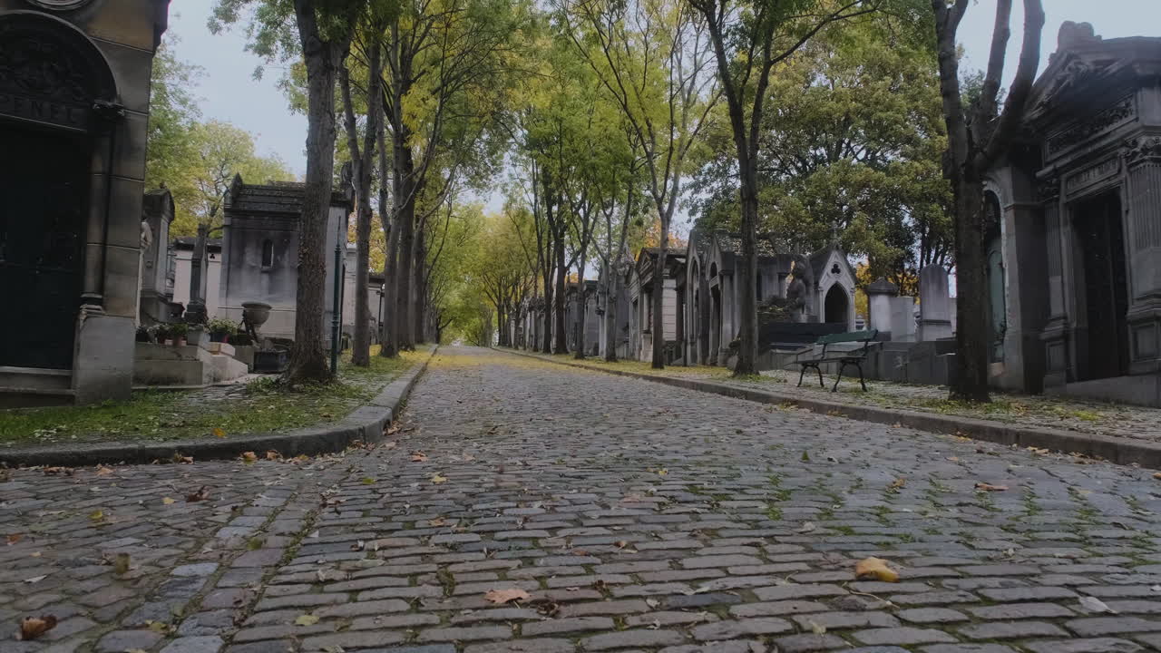 pere lachaise 공동 묘지의 무덤이 늘어선 넓은 골목의 바람에 날린 나뭇잎