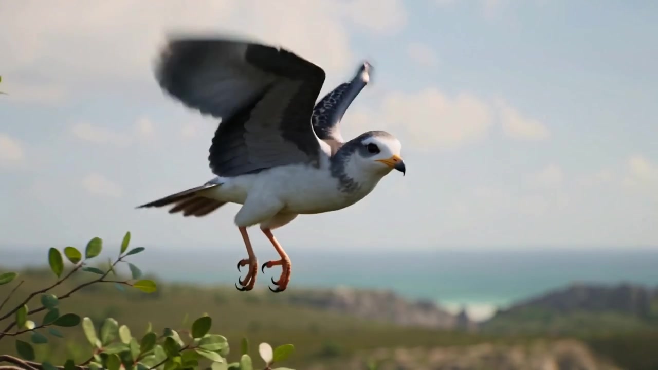 Uccello marino artigliato che si sposta, staccandosi da un posatoio frondoso su una collina costiera, con le ali che sbattono verso l'oceano.
