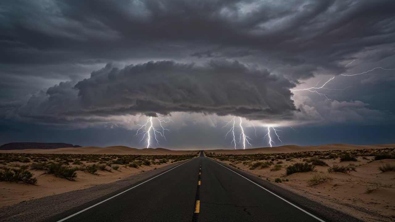 Dramatic Lightning Strikes Over a Desert Highway