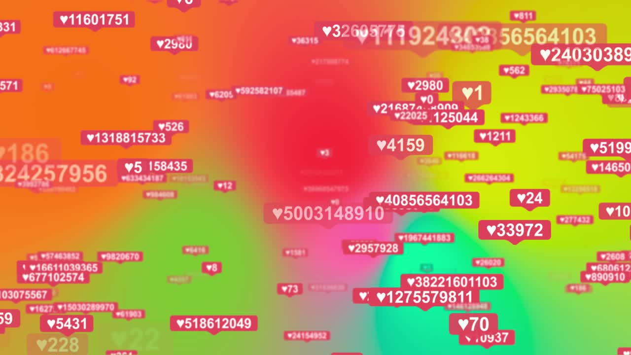 animación 3d de reproducción de los gustos y seguidores de las redes sociales contadores rojos cayendo, aumentando rápidamente y moviéndose al azar en un fondo negro con matte alfa. vista frontal, bucle