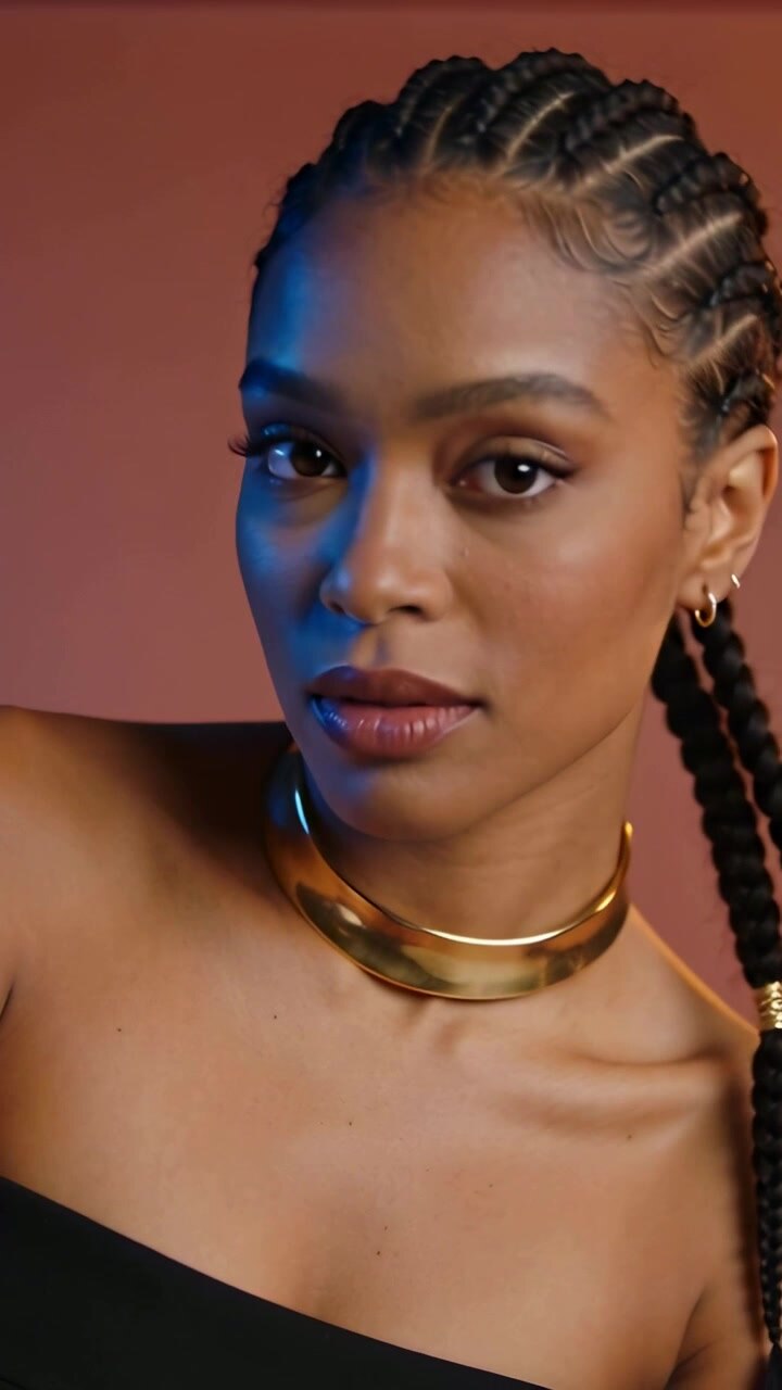 Vertical video: Posing model centering after roll in set for shoot, wearing strapless top