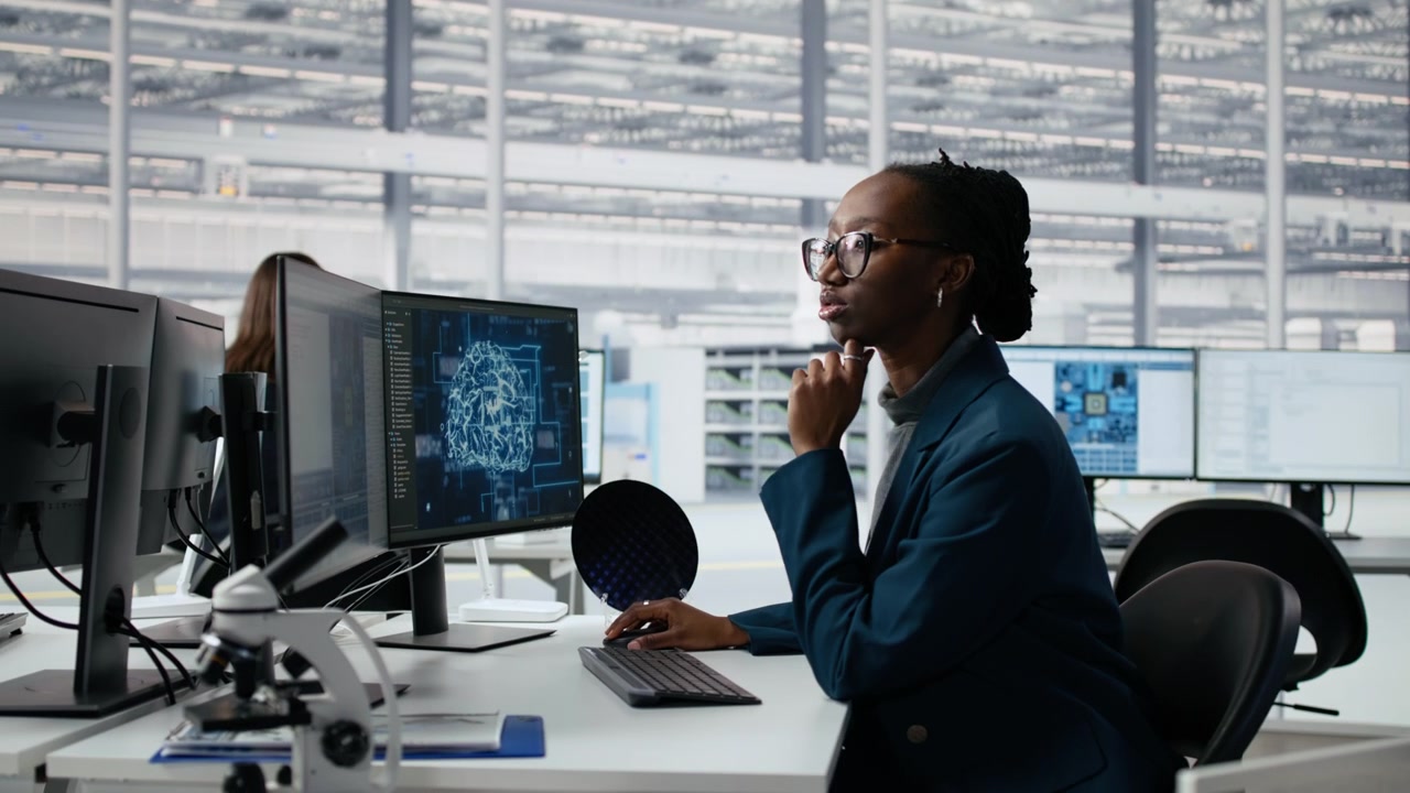 African American Woman Working on Computer with AI Brain Graphic in Modern Office