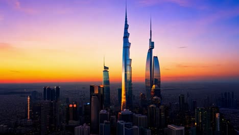 burj khalifa and the surrounding skyline rise majestically against a stunning sunset over dubai's vibrant landscape