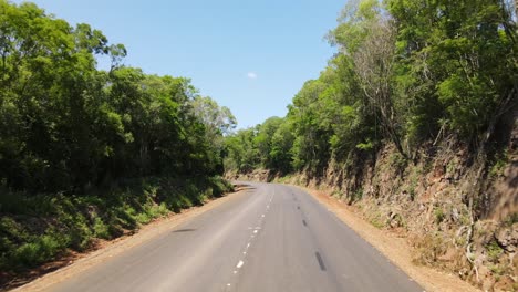 A drone&#039;s forward flight over a beautiful jungle-surrounded road in Misiones, Argentina, reveals the captivating natural beauty and enchanting scenery of this region