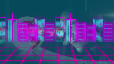 animation of globe and cityscape over woman using computer