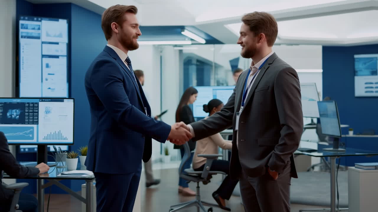 Due dirigenti si stringono la mano in un ufficio moderno, in abito e cravatta, colleghi che lavorano ai monitor dei computer, con un senso di progresso.