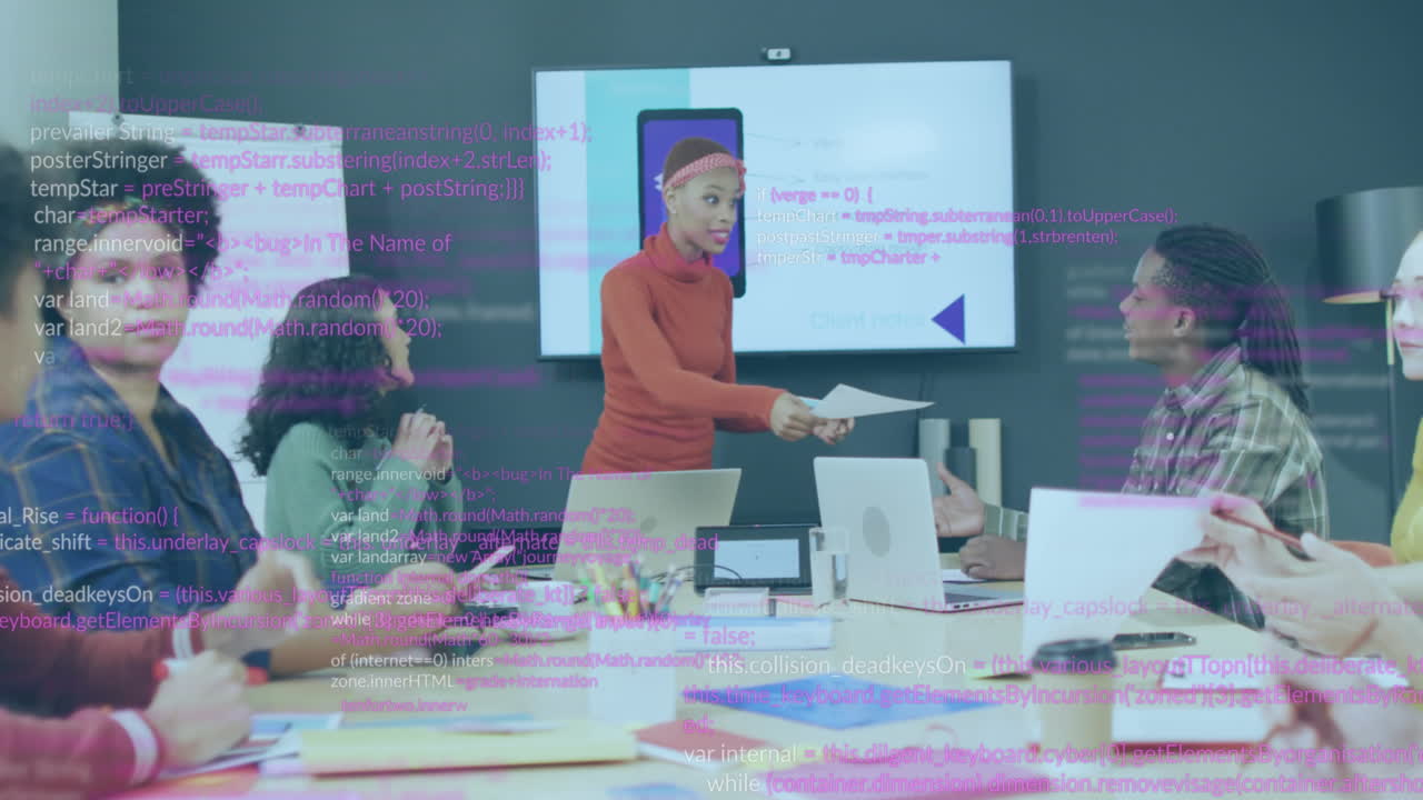 Animation of financial data processing over diverse business people in office