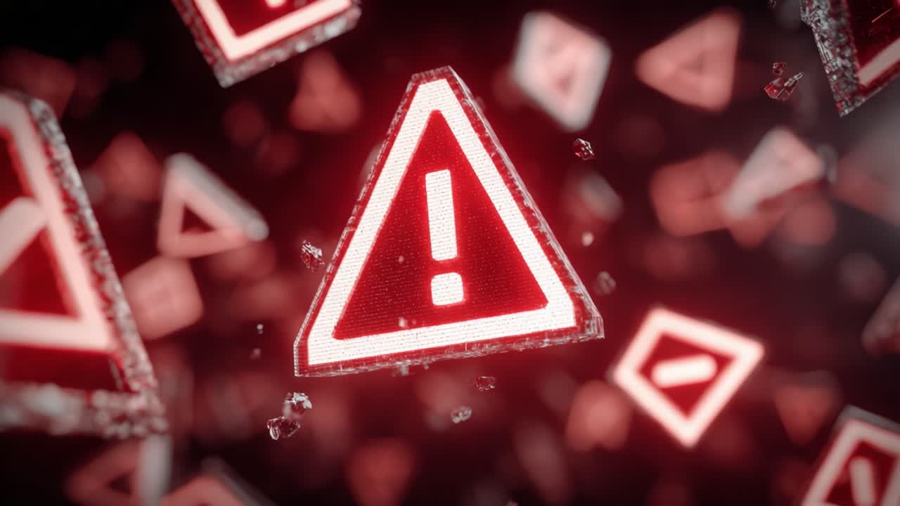 Caution and Alert: A Series of Red Warning Symbols Floating in a Vibrant Digital Space, Signifying Danger and Urgency in Various Contexts