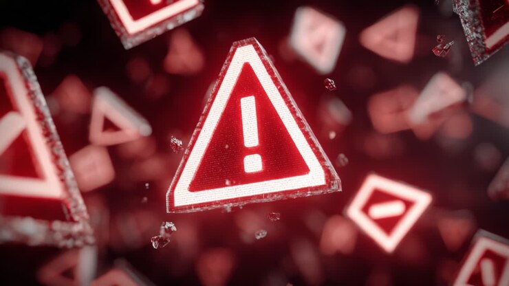Caution and Alert: A Series of Red Warning Symbols Floating in a Vibrant Digital Space, Signifying Danger and Urgency in Various Contexts