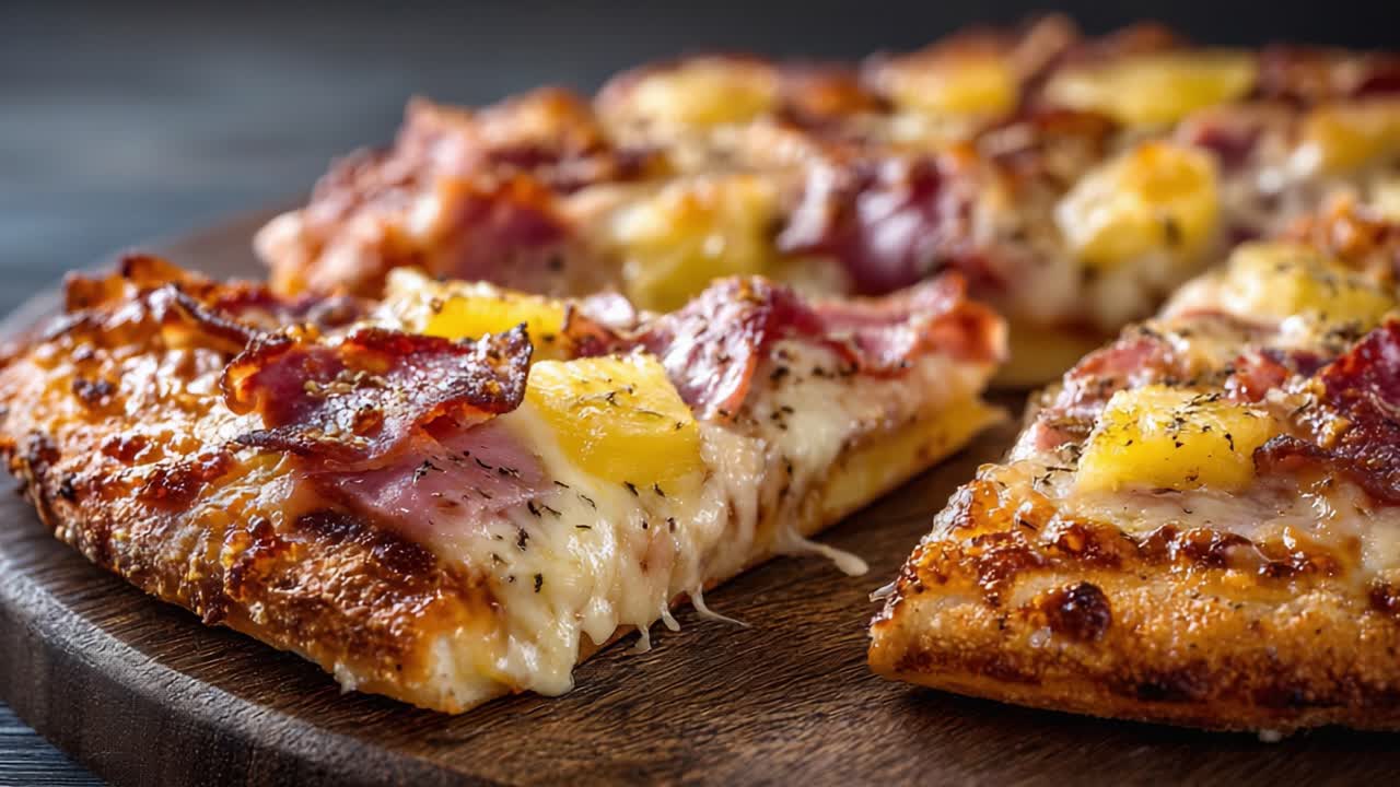 Pizza ricca di formaggio condita con ananas e pancetta su un tagliere di legno, che cattura la fetta perfetta e dettagli appetitosi