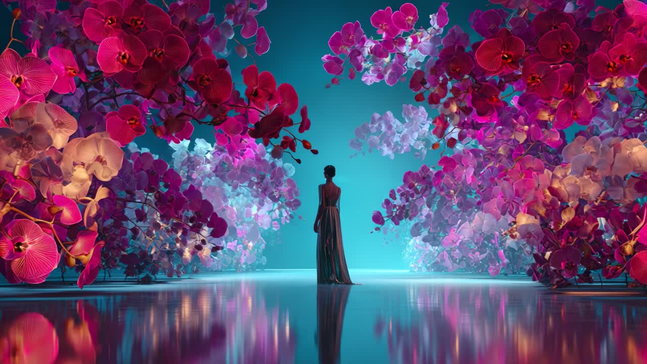 Elegant Woman in Dress Surrounded by Pink and Purple Orchids