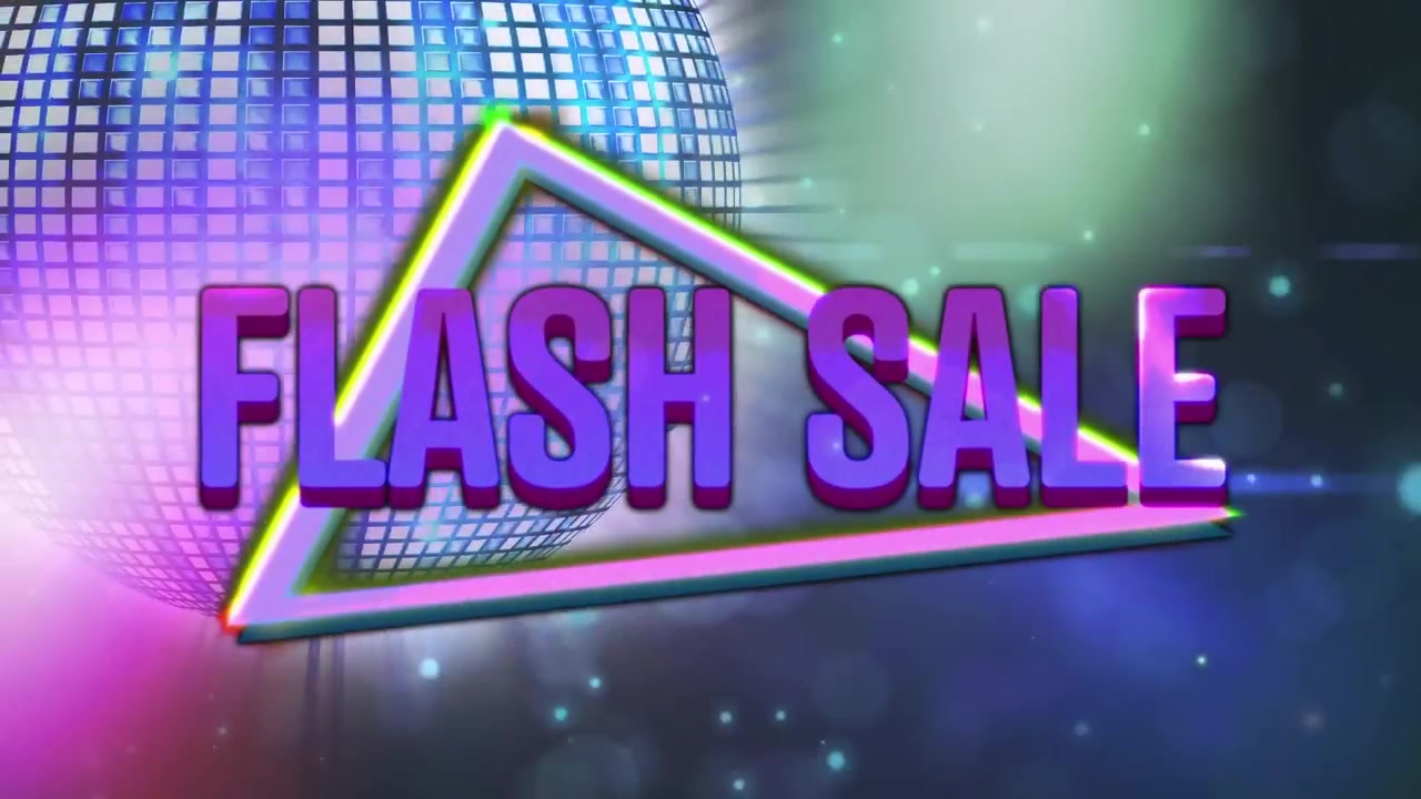 Animazione di testo "offerta lampo" su un triangolo al neon e una palla da discoteca a specchi.