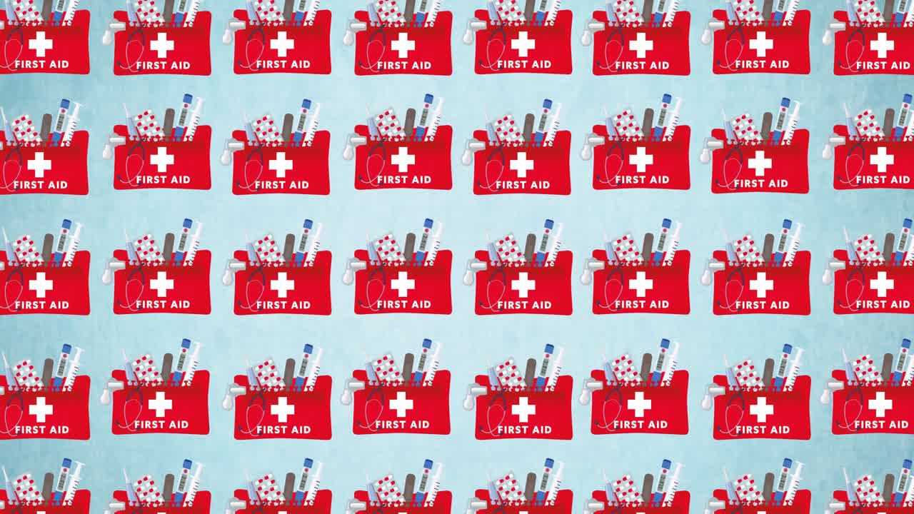 파란색 바탕에 여러 개의 응급 처치 상자 아이콘의 애니메이션