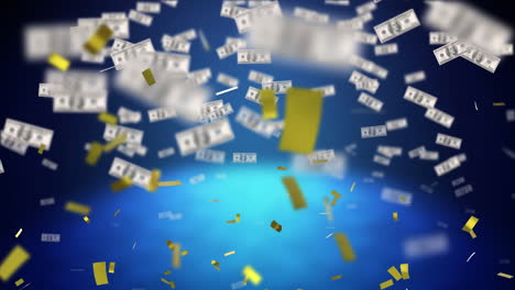 animation of confetti and american dollar bills falling on blue glowing background