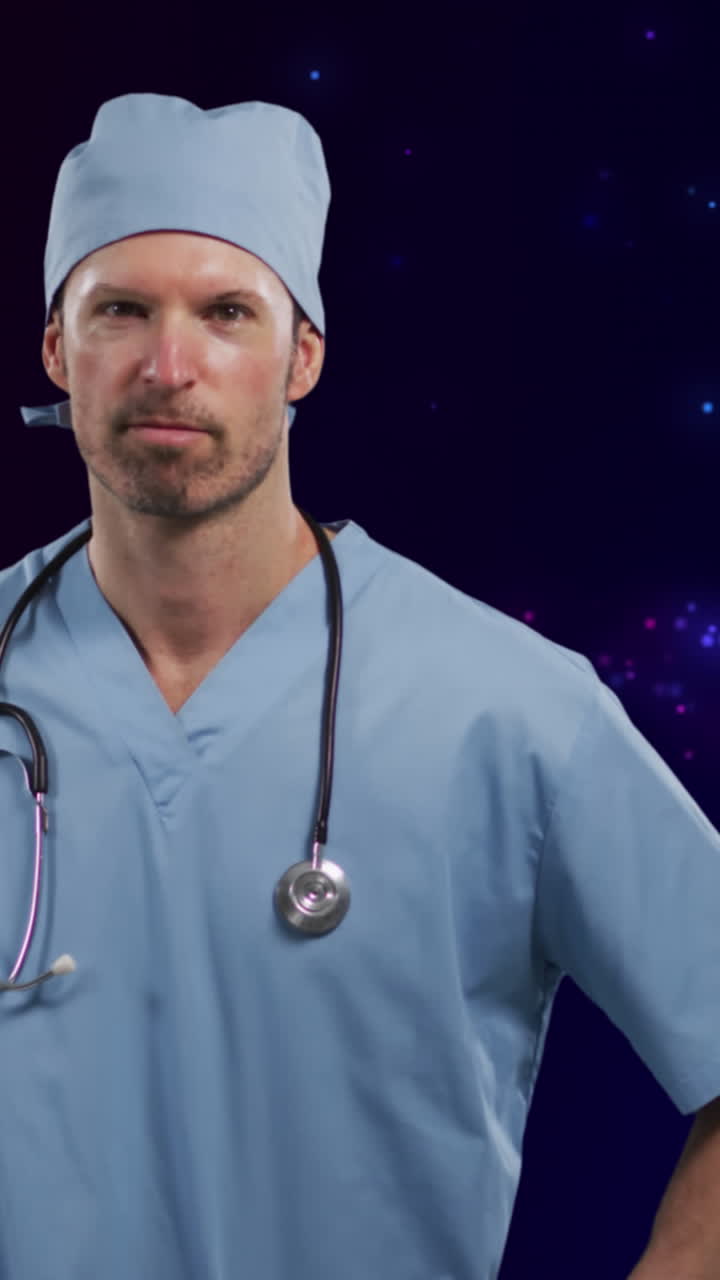 animación de un médico caucásico sobre puntos de luz en un fondo negro