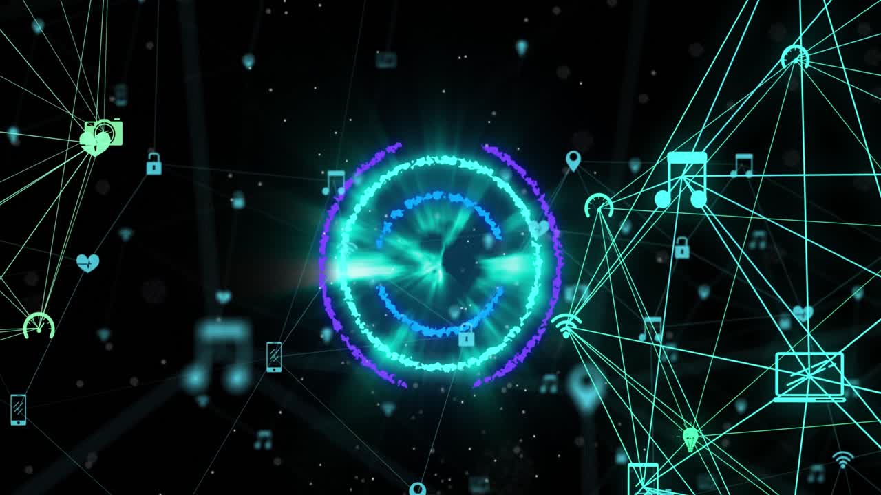 animación de círculos de neón a través de una red de conexiones con iconos en espacio negro