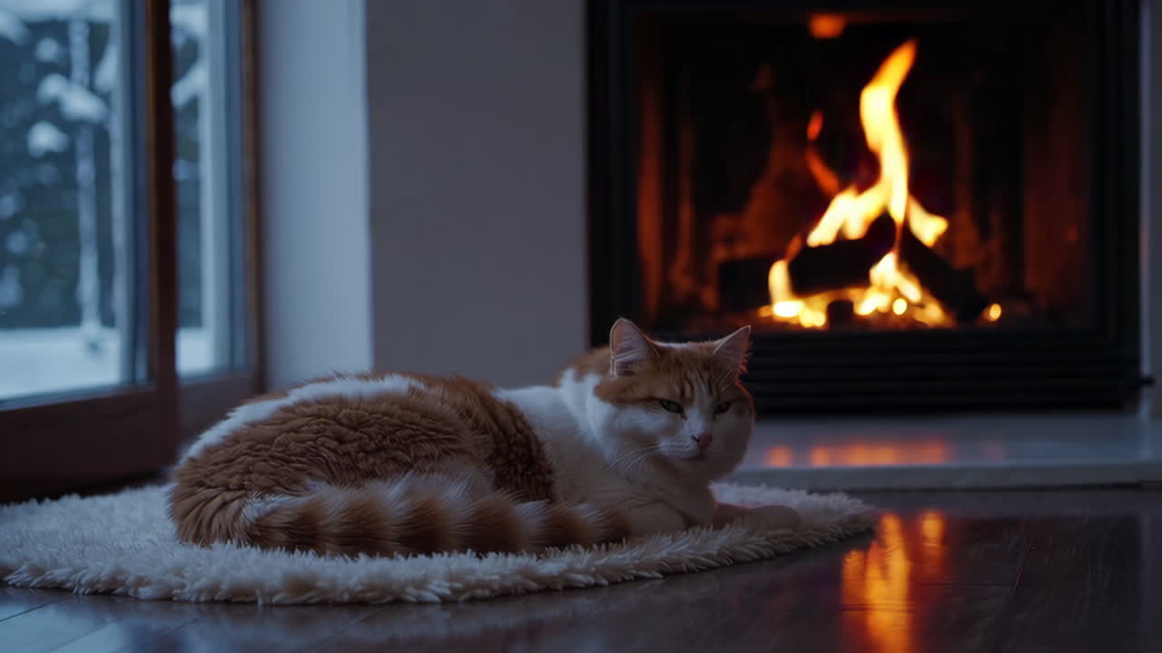 Cozy Cat by the Fireplace on a Snowy Day