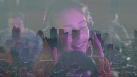 curly-haired singer singing in music studio skyline, blending headset mic with purple-blue lights