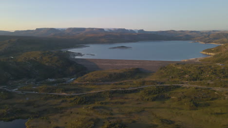 aerial view of sysenvatnet and sysen dam in eidfjord, vestland county, norway