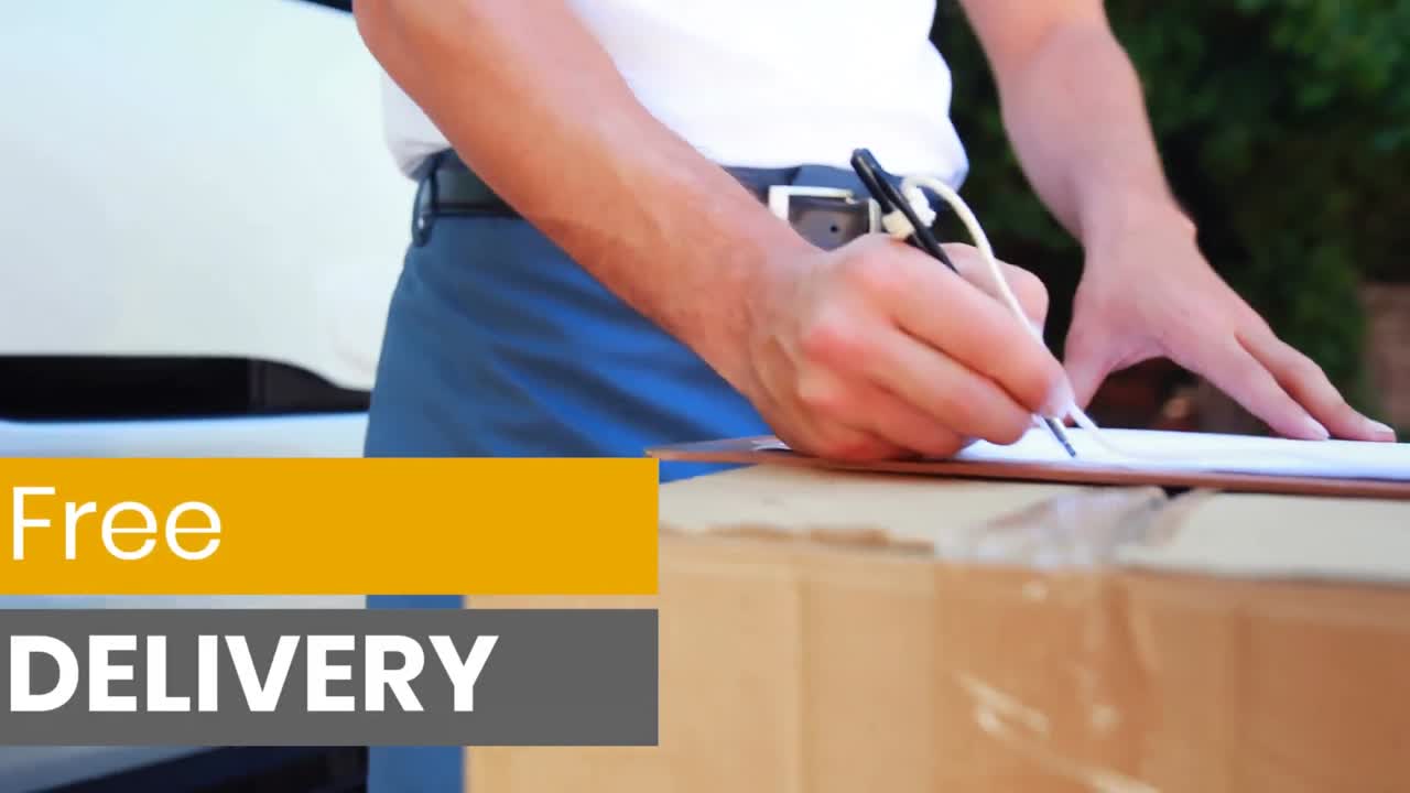 클립보드와 함께 행복한 남자를 통해 무료 배달, 상품을 배달하는 단어의 애니메이션