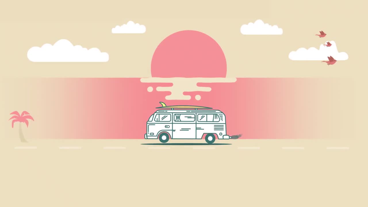 도로 여행 중 캠퍼밴,  ⁇ 나무, 태양 및 구름과 함께 빈티지 휴가 여름 풍경