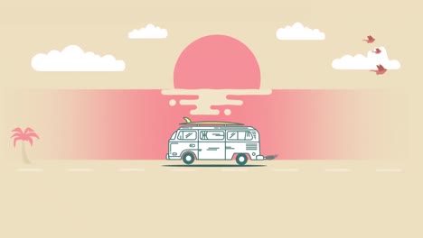 Vintage-holiday-summer-scenery-with-campervan-during-a-road-trip,-palm-trees,-sun-and-clouds