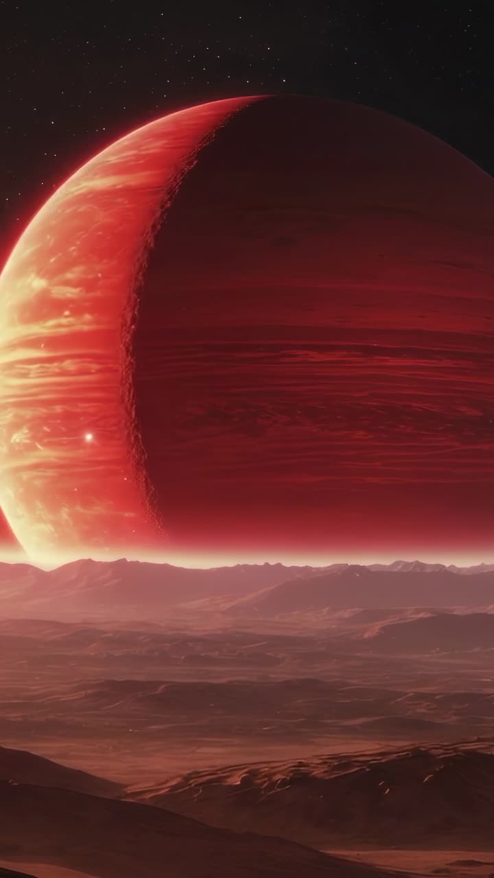 Pionowy film: ujęcie otwierające ukazujące czerwoną planetę – gazowego olbrzyma wyłaniającego się ze skalistej równiny, z polem gwiazd