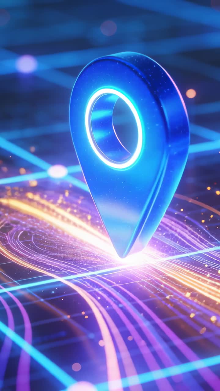 Video verticale: Una puntina al neon 3D che appare, si inclina e pulsa su una griglia tecnologica, attivando un punto di atterraggio.