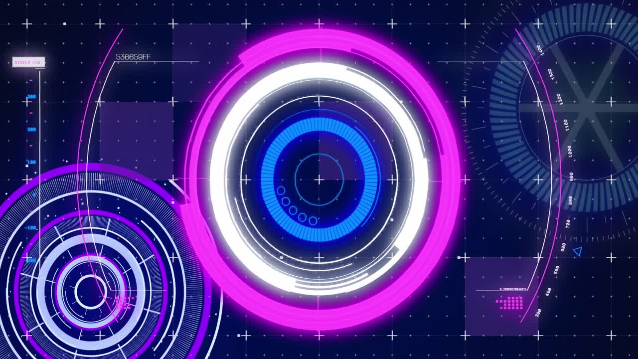 Animation of scopes scanning and data processing over screen on blue background