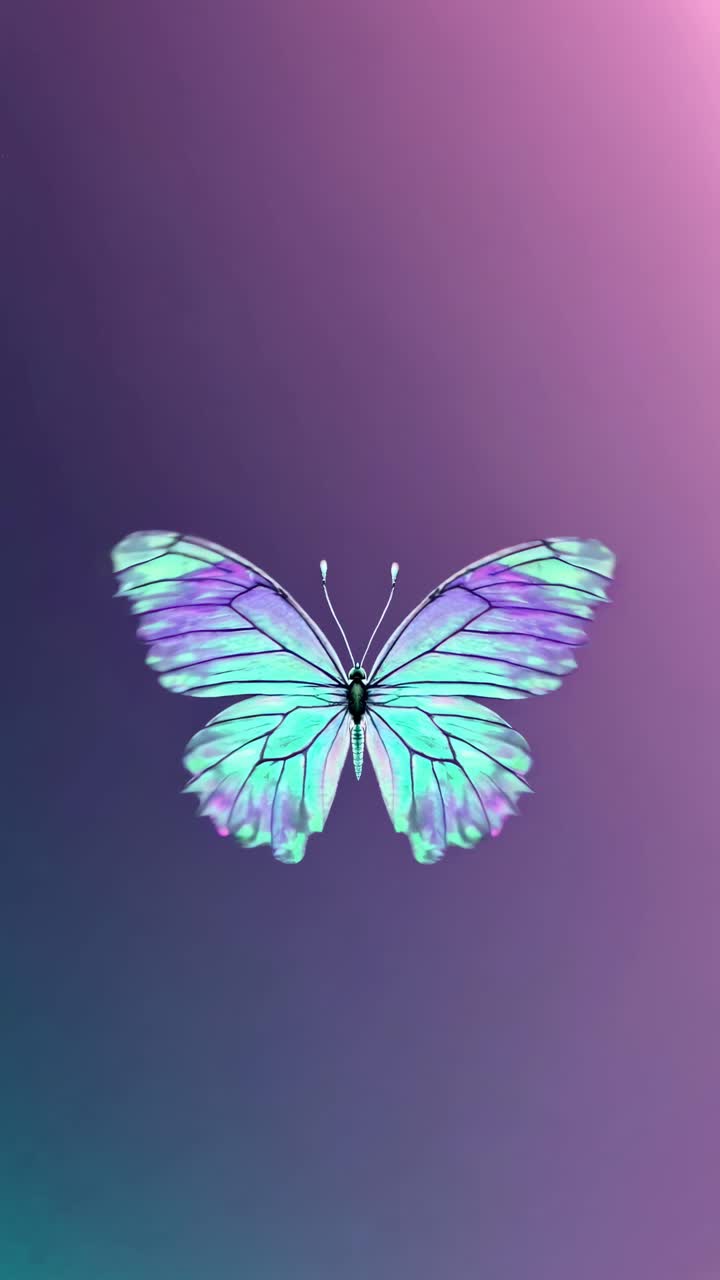 Una vivace farfalla con ali color pervinca e viola è centrata su uno sfondo sfumato.